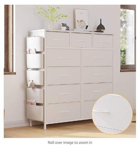 A bedroom dresser with eleven drawers, dressers and chests of drawers with side pockets, hooks, a fabric storage drawer, a steel frame, a wood top, an organizer unit, and a closet pull handle.