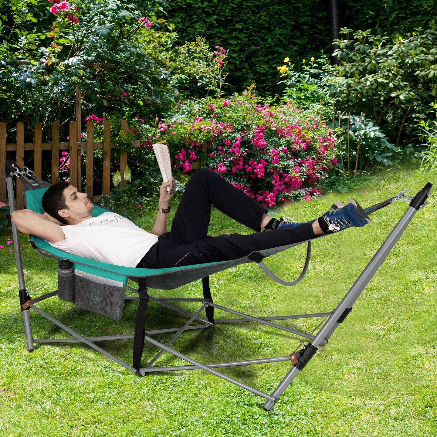 Outdoor Folding Hammock Bed with Breathable Fabric Metal Frame and Side Pocket Storage