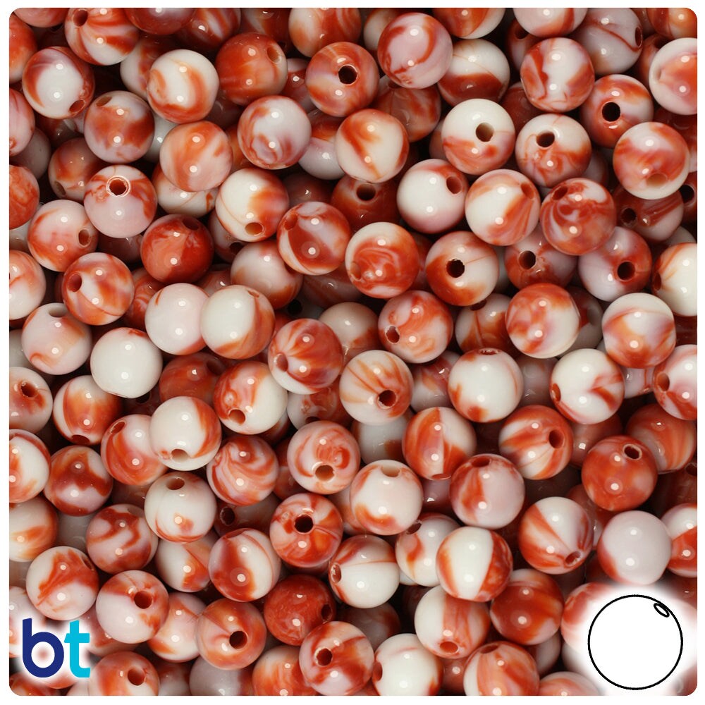 BeadTin Red Marbled 8mm Round Plastic Craft Beads (150pcs)