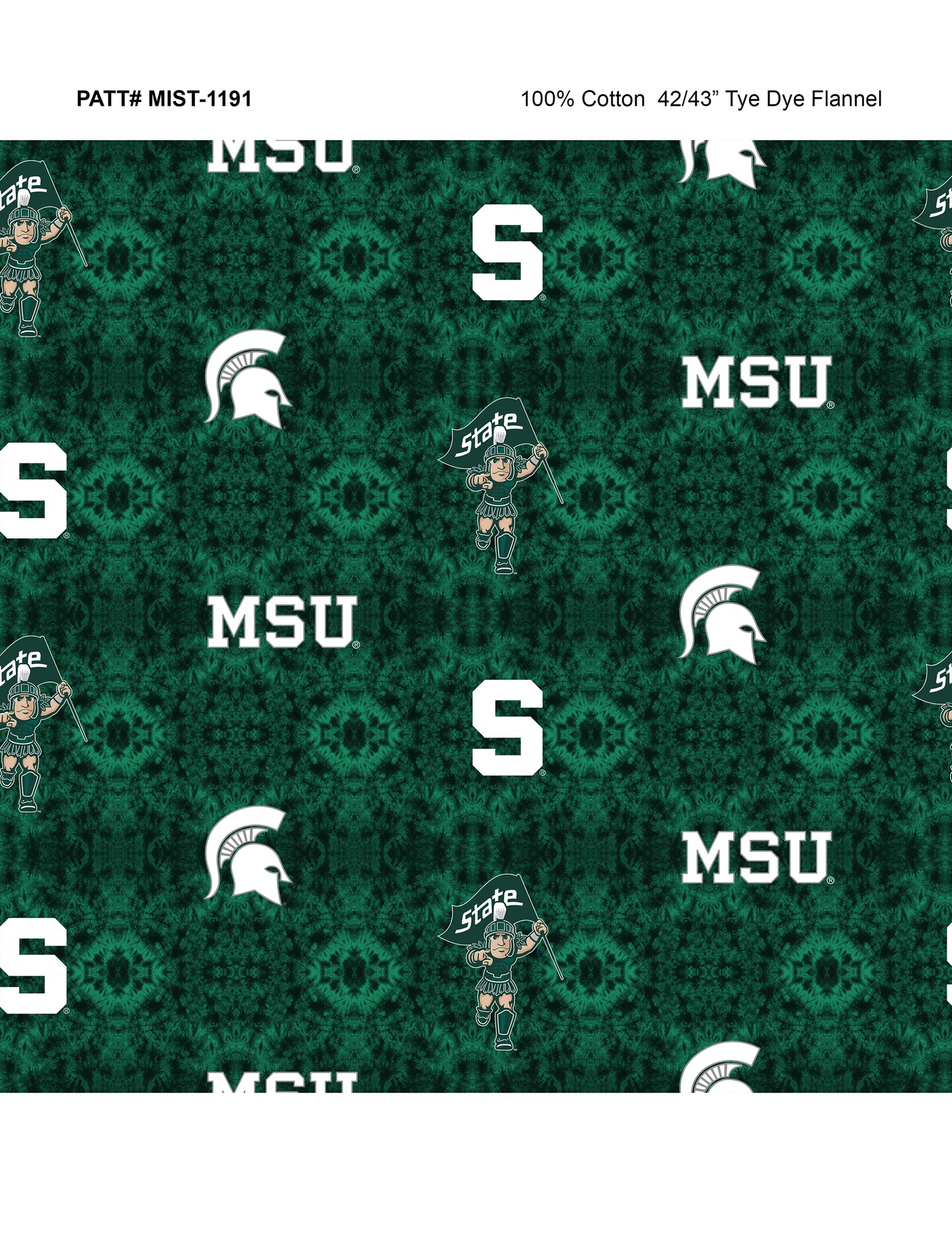 Sykel Enterprises-Michigan State University Flannel Fabric-Michigan State Spartans Tie Dye Cotton Flannel Fabric