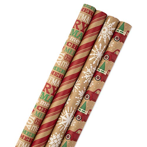 Hallmark Christmas Wrapping Paper Bundle with Cut Lines on Reverse, Kraft  (Pack of 4, 88 sq. ft. ttl) Red Trucks, Snowflakes, Stripes, Merry  Christmas