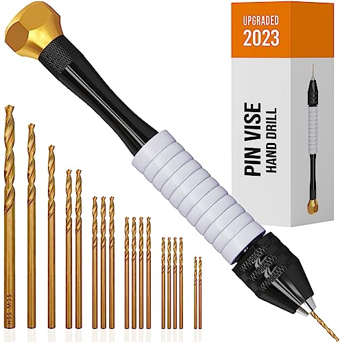 Pin Vise Small Hand Drill for Jewelry Making - Manual Craft Drill Sharp HSS Micro Mini Twist Drill Bits Set for Resin, Rotary Tools for Wood, Jewelry, Plastic, Miniature - Golden