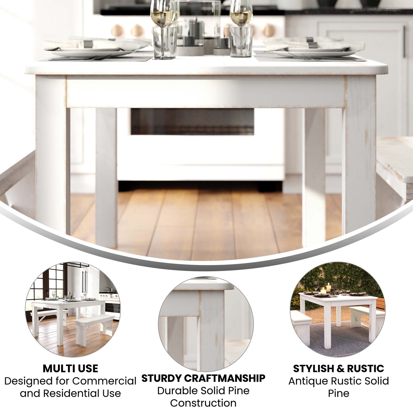 Merrick Lane Rectangular Antique Solid Pine Farm Dining Table