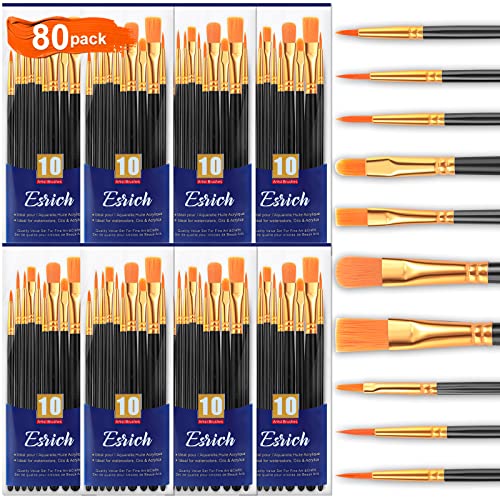 ESRICH Acrylic Paint Brushes Set,8Packs /80 Pcs, Black Nylon Brush Head,  Suitable for Acrylic, Oil, Watercolor,Rock Body Face Nail Art,Perfect Suit  of Art Painting, Best Gift for Kids Adult Drawing