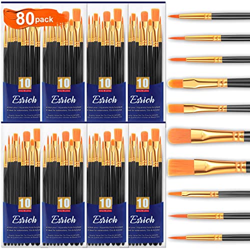 Acrylic Paint Brushes Set,8Packs /80 Pcs, Black Nylon Brush Head, Suitable for Acrylic, Oil, Watercolor,Rock Body Face Nail Art,Perfect Suit of Art Painting, Best Gift for Kids Adult Drawing