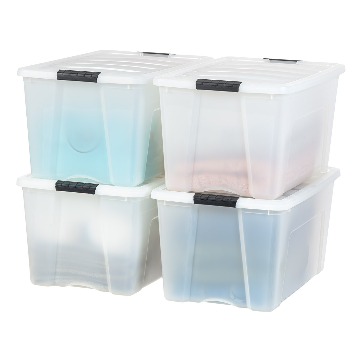 IRIS USA 72 Qt Stackable Plastic Storage Bins with Lids, 4 Pack - BPA-Free, Made in USA - Discreet Organizing Solution, Latches, Durable Nestable Containers, Secure Pull Handle - Pearl