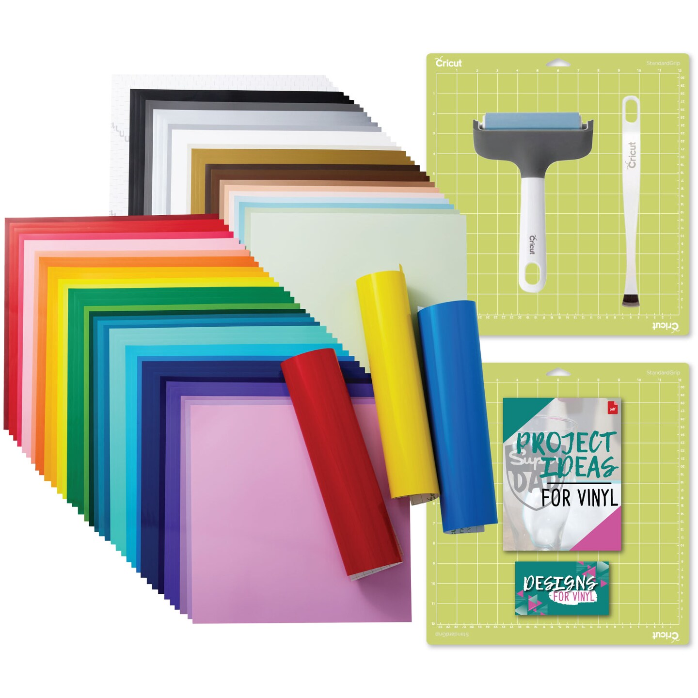 Cricut Permanent Vinyl 70ct Ultimate Sampler with Standard Grip Mat and Brayer Bundle
