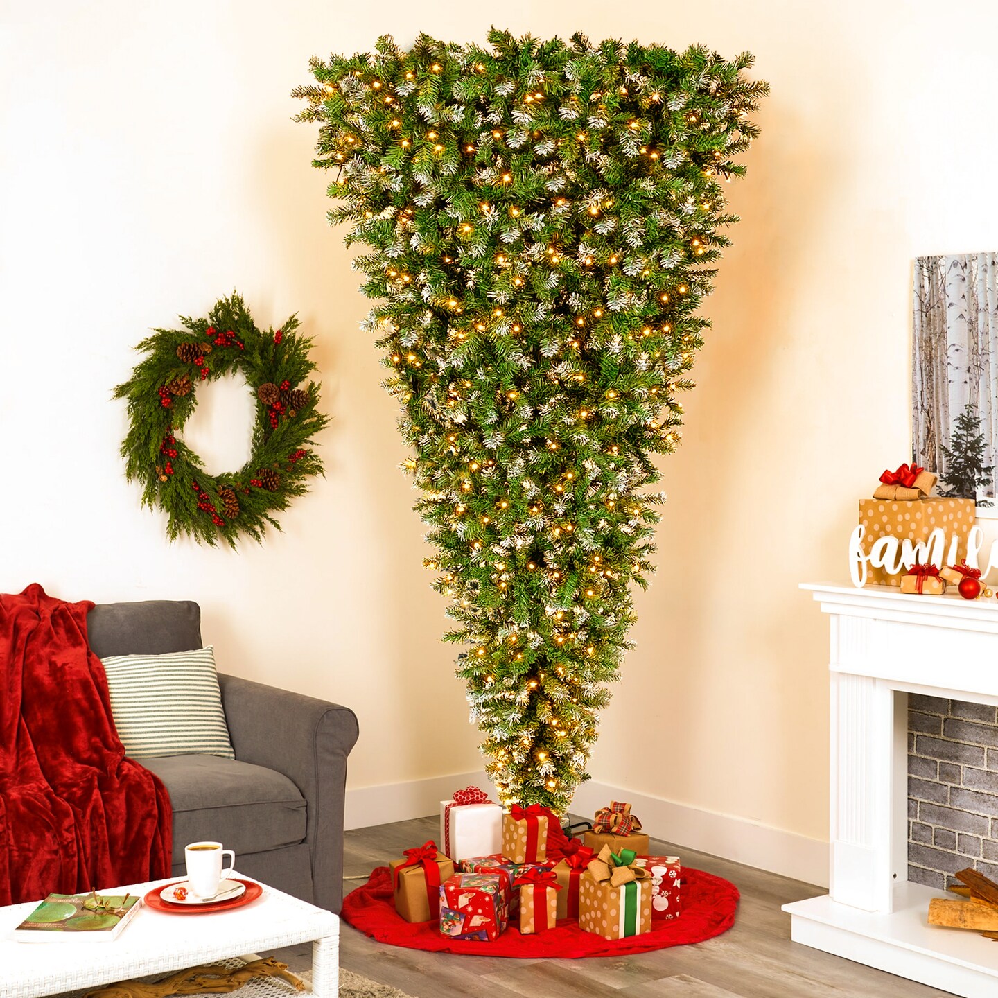 Upside Down Green Christmas Tree, Xmas Tree with LED Warm White Lights, Green leaves with part spraying White, Reinforced Metal Base &#x26; Easy Assembly 7.4ft X-mas