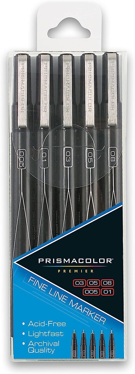 Prismacolor 5-Pack Assorted Tip Markers - Black - 005, 01, 03, 05, 08