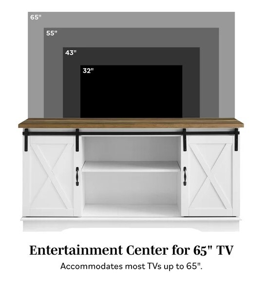 White/Reclaimed Barnwood Farmhouse Sliding Barn Door TV Stand for TVs up to 65&#x22;