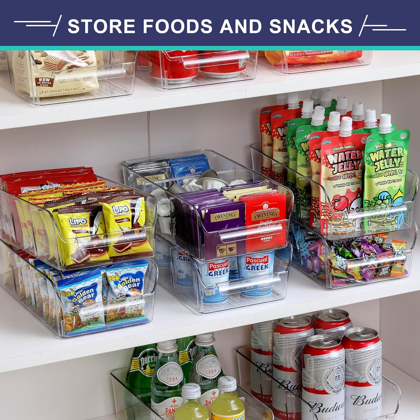 Set of 8, Stackable Clear Bins with Removable Dividers - Food Snack Organizer, Pantry Organization and Storage - Plastic Home Containers - Refrigerator, Fridge, Kitchen Cabinet Organizing Bins