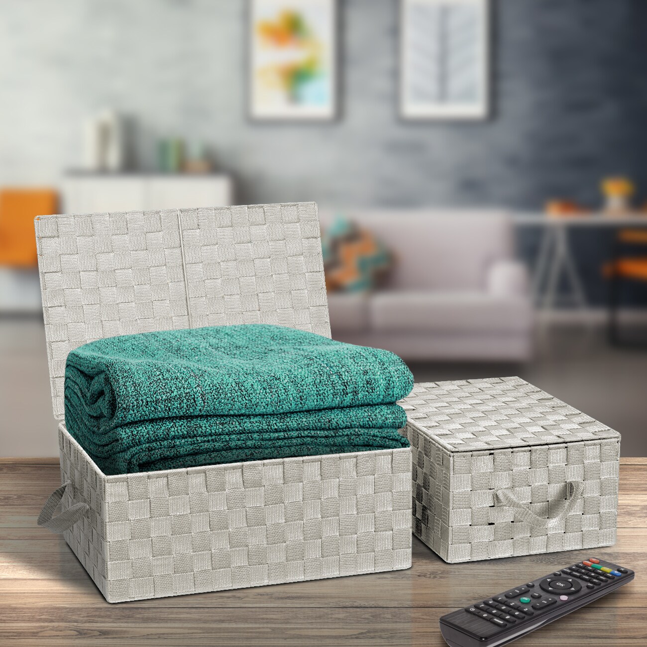 Sorbus Woven Basket Bin Set - Shelf Storage Tote Baskets for Household Items - Stackable with lid, Woven Straps and built-in Carry Handles (3 Pack)