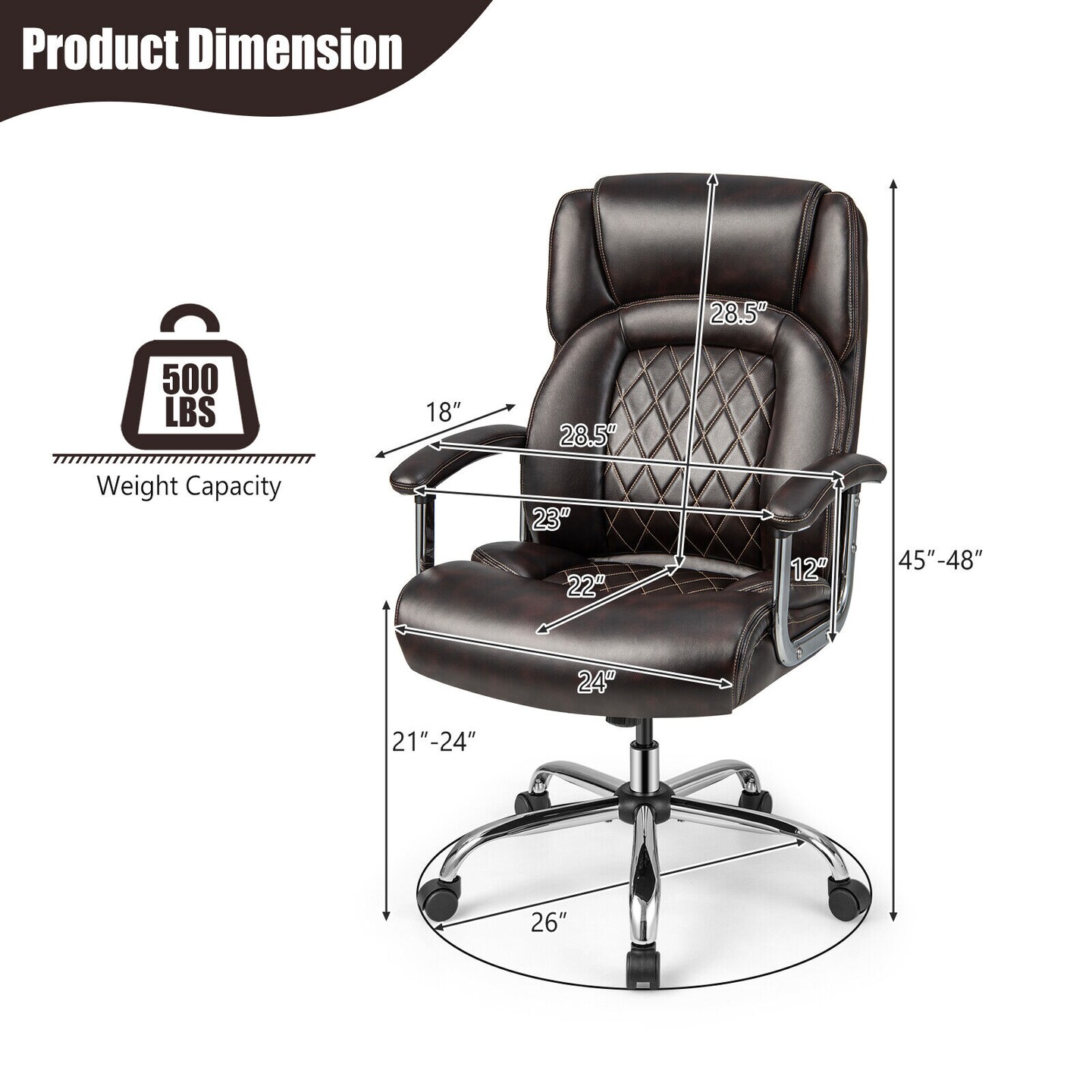 500 Lbs Height Adjustable Office Chair with Metal Base and Extra Wide Seat