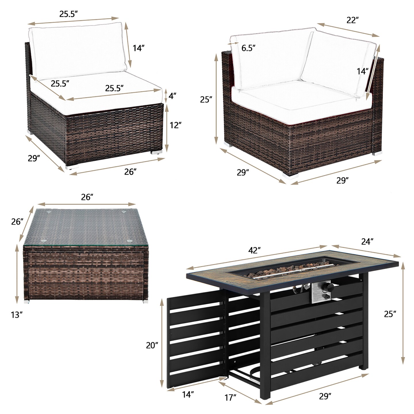 Costway 6PCS Patio Rattan Furniture Set 42'' Fire Pit Table Cover Sofa Cushion Off White/Black/Navy/Red/Turquoise