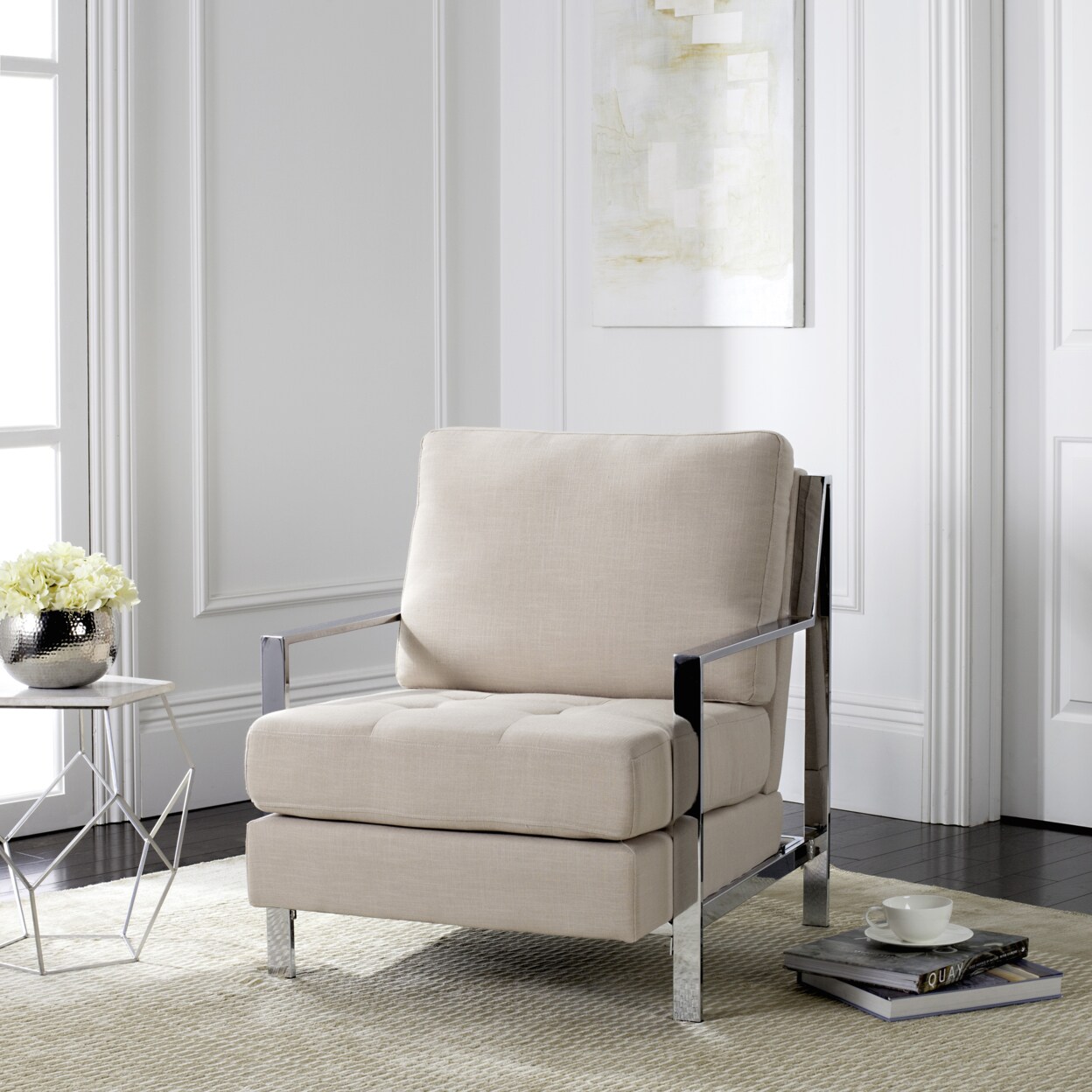 Safavieh   Walden Modern Tufted Linen Chrome Accent Chair Beige