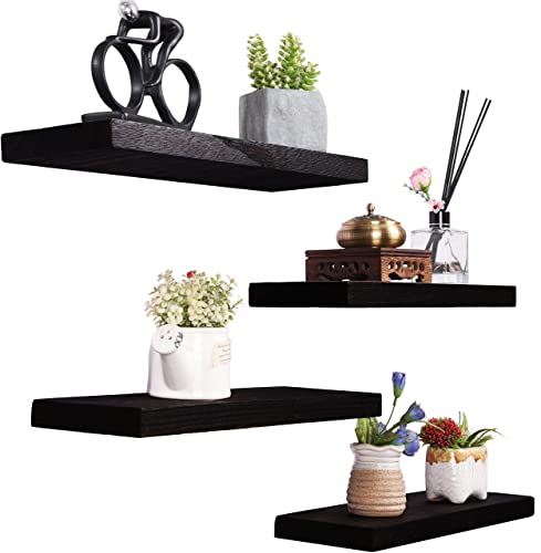 4 Pack Black Rustic Wood Floating Shelves for Wall Decor Farmhouse Wooden Wall Shelf for Bathroom Kitchen Bedroom Living Room