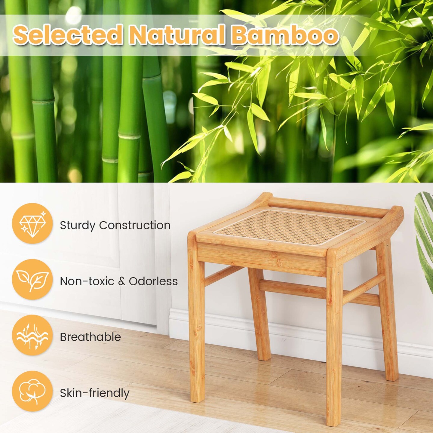 Costway Bamboo Vanity Stool Rattan Top Ottoman Footrest for Living Room Bedroom Natural