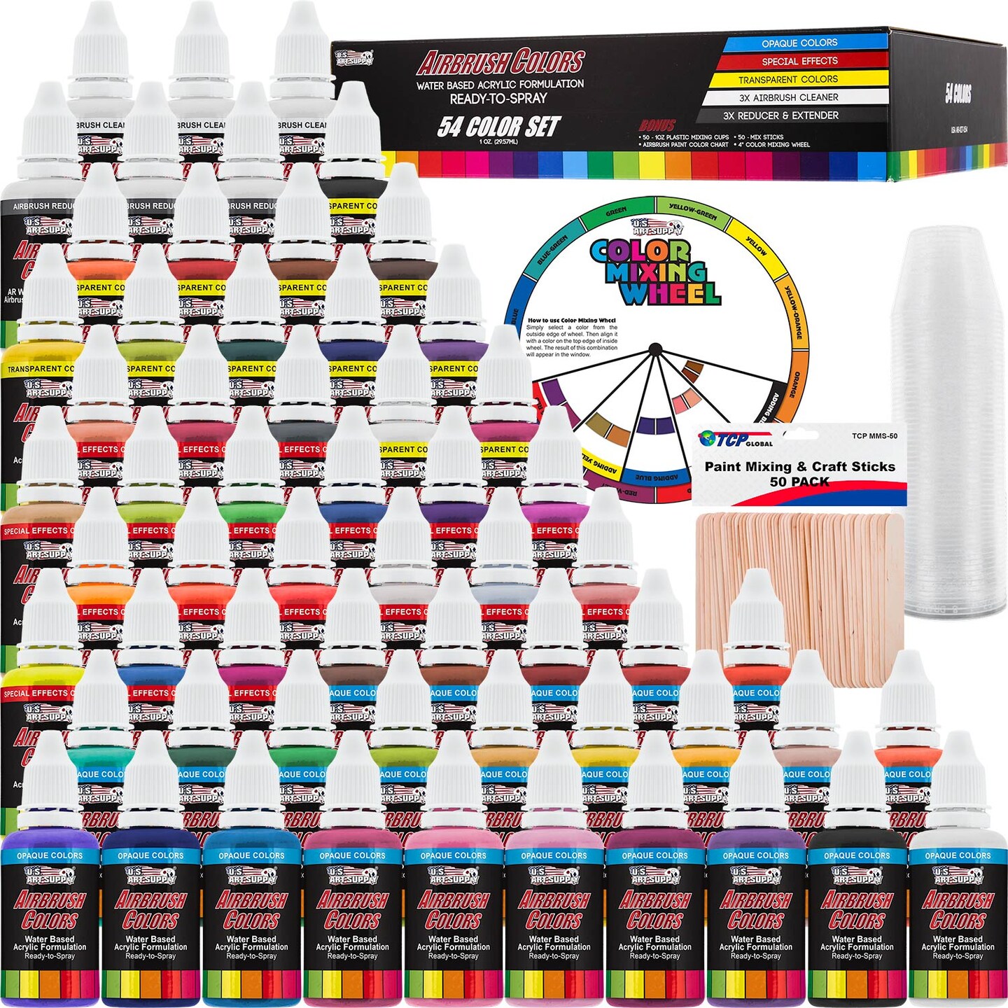 54 Color Acrylic Airbrush Paint Set; Opaque, Transparent, Pearl and  Fluorescent Colors plus Reducer, Cleaner, Mixing Supplies & Color Mixing  Wheel