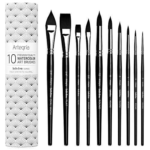 Watercolor Brush Set - 10 Professional Watercolor Paint Brushes for Artists - Soft Synthetic Squirrel Hair, Short Handles: Pointed Rounds, Flats, Dagger, Oval Wash for Water Color, Gouache