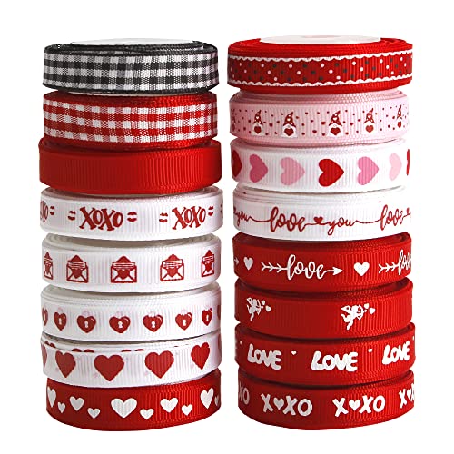 VATIN Valentine's Day Ribbons 3/8 Inch x 240Fts(16 Rolls x 15Ft)  Valentine's Day Trims Grosgrain Ribbons Hearts Printed Ribbon for  Valentine's Day Wedding Gift Wrapping DIY Crafts