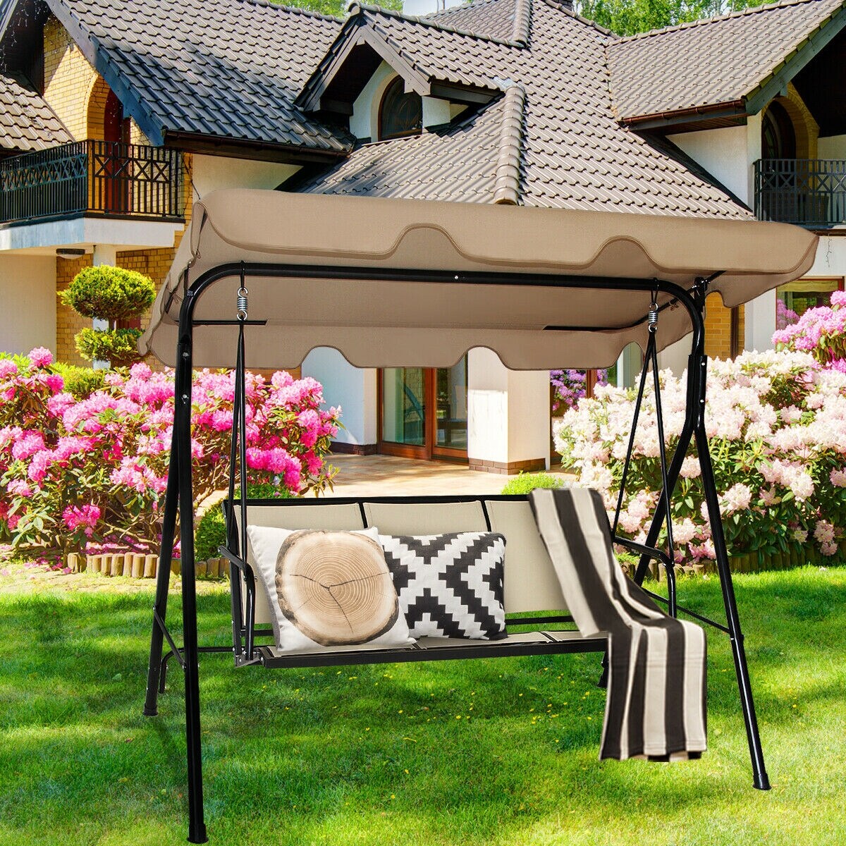 3 Person Patio Swing with Polyester Angle Adjustable Canopy