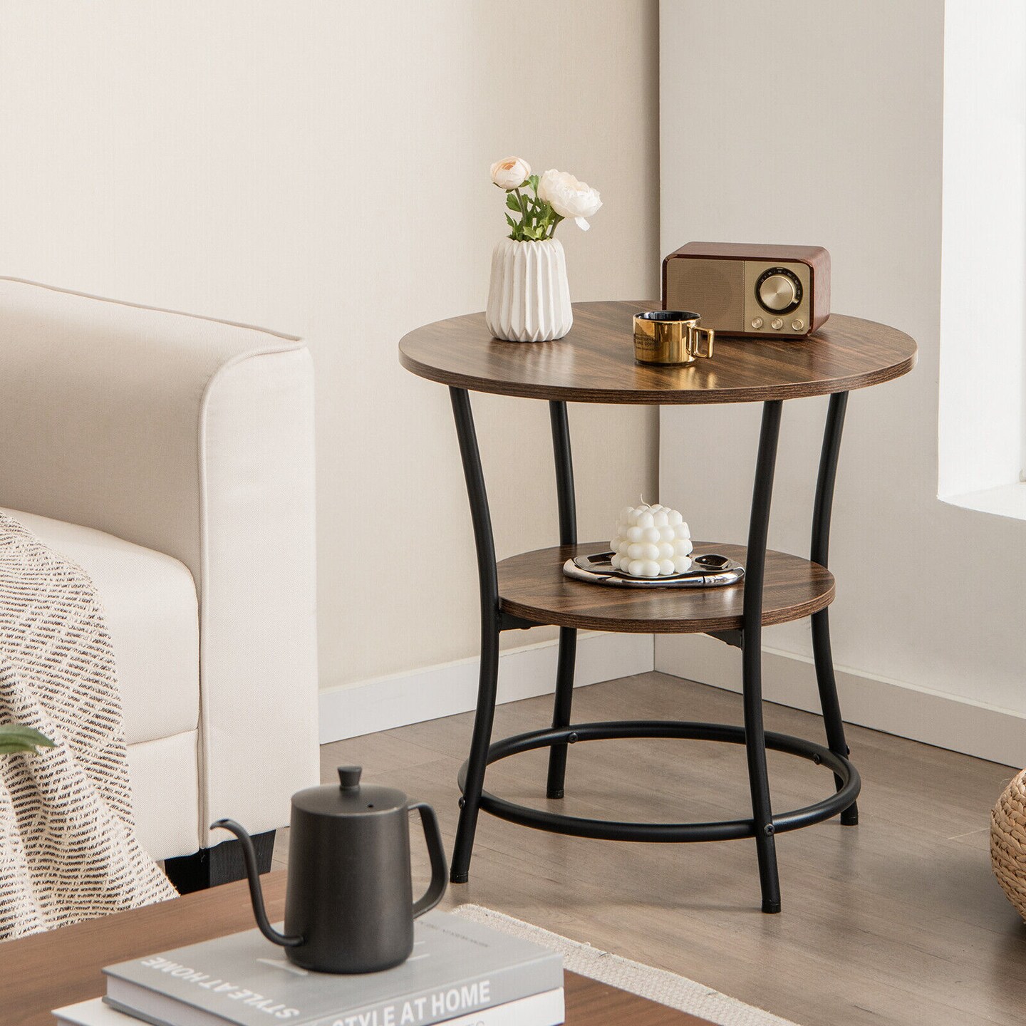 Round End Table with Open Storage Shelf and Sturdy Metal Frame