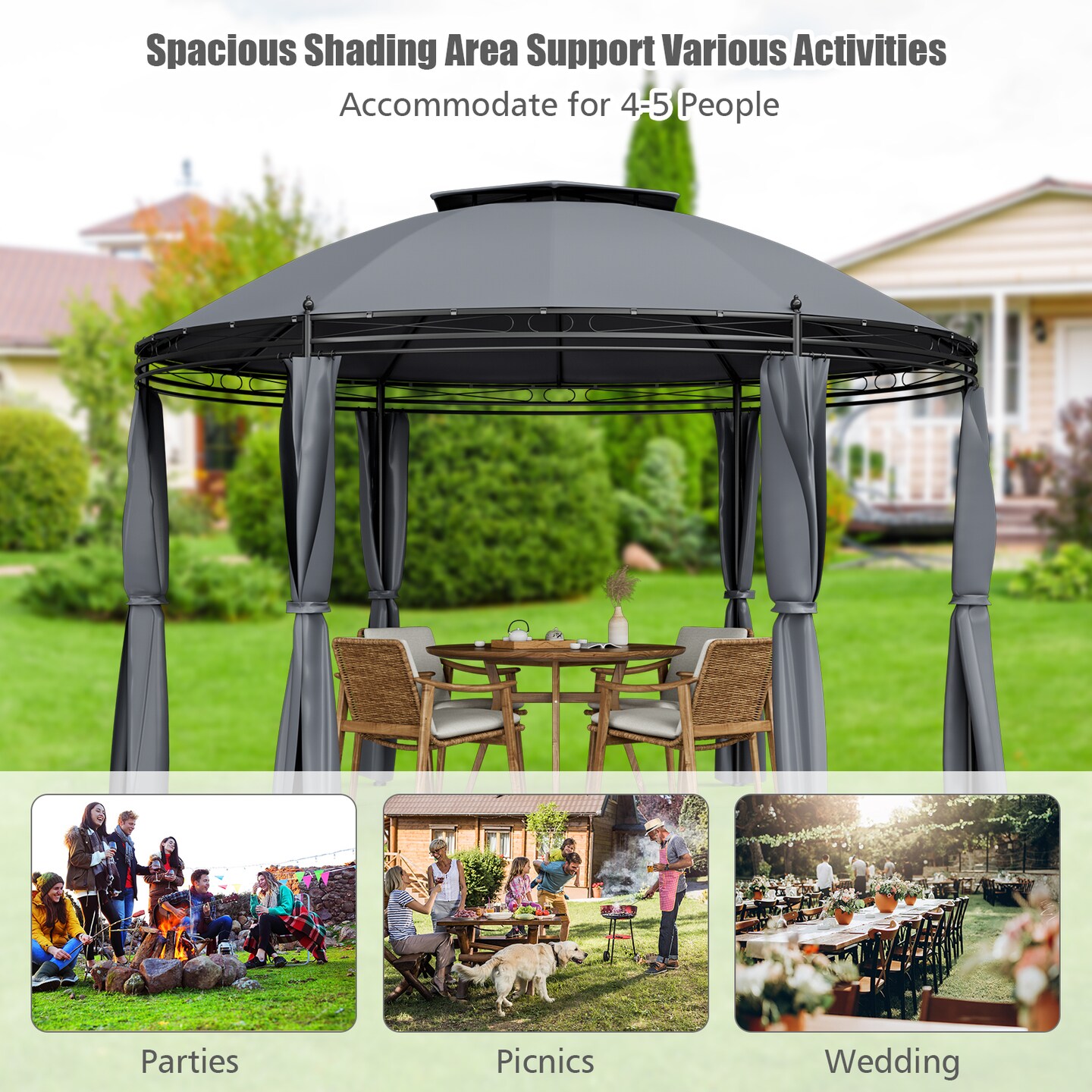 Outdoor Patio Round Dome Gazebo Canopy Shelter with Double Roof Steel