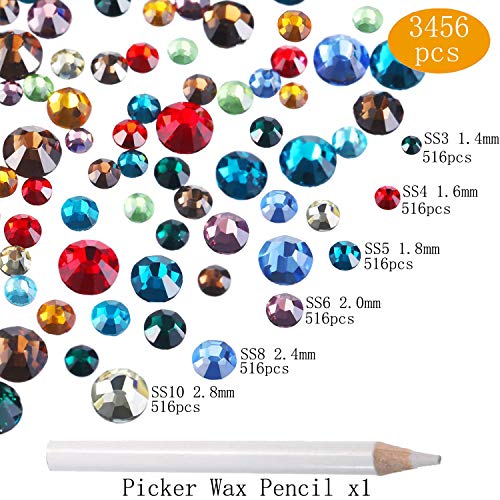 3456 Pieces Mix Size Flatback Rhinestones Glass Charms Diamantes Gems Stones for Nail Art Crafts Face Art (Mix SS3 4 5 6 8 10, Multicolor)