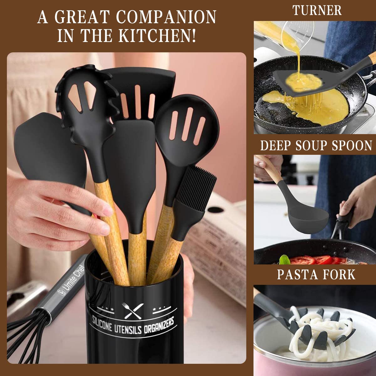 33 Pieces Chef Kitchen Cooking Utensils Set, Non-Stick Utensils Spatula Set with Holder, Black Wooden Handle Silicone Kitchen Gadgets