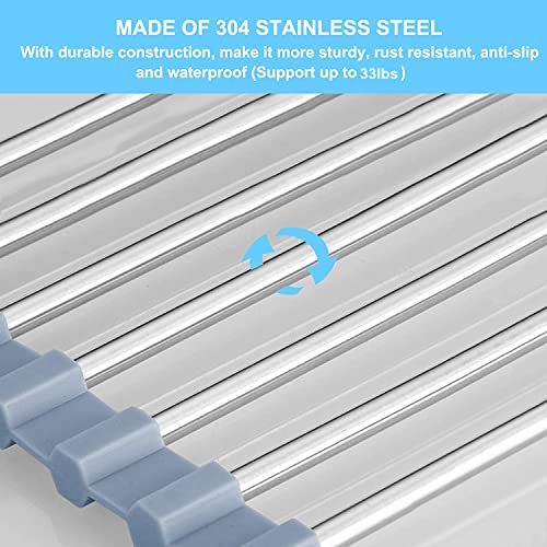 Roll Up Dish Drying Rack, Roll Over The Sink Dish Drying Rack Kitchen Rolling Dish Drainer, Foldable Sink Rack Mat Stainless Steel Wire Dish Drying Rack for Kitchen Sink Counter (17.5''x11.8'')