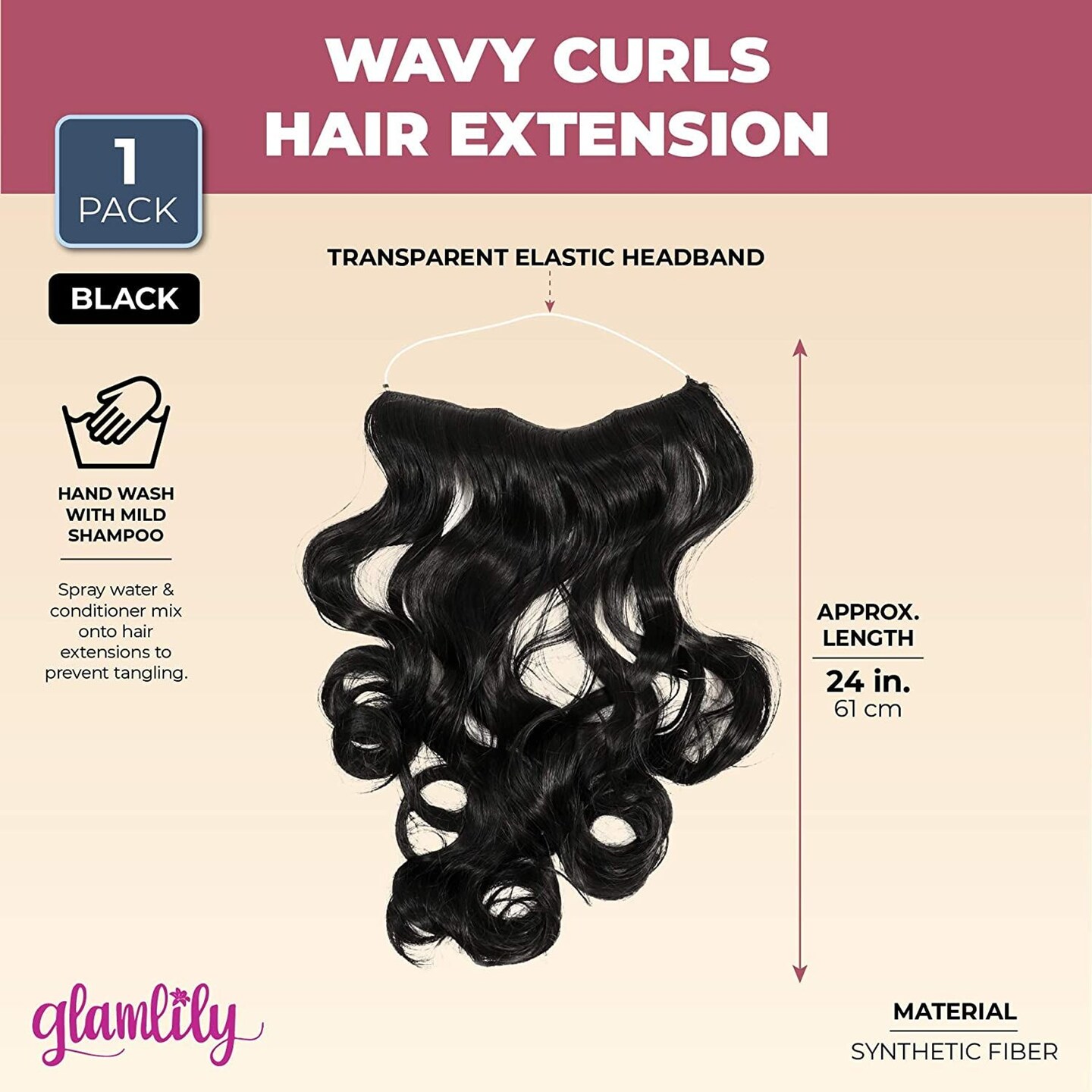 Wavy Curls Hair Extension with Invisible Halo Headband (Black, 24 In)