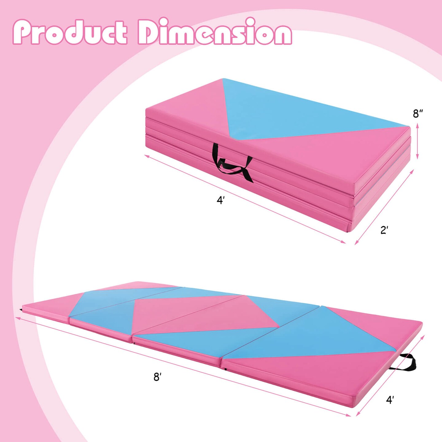Costway Folding Gymnastics Mat 8' x 4' x 2'' PU Leather Tumbling Exercise Mat Yoga Gym Light Pink+Black/Blue+Black/Pink+Purple/Pink+Black/Pink+Blue/Pink