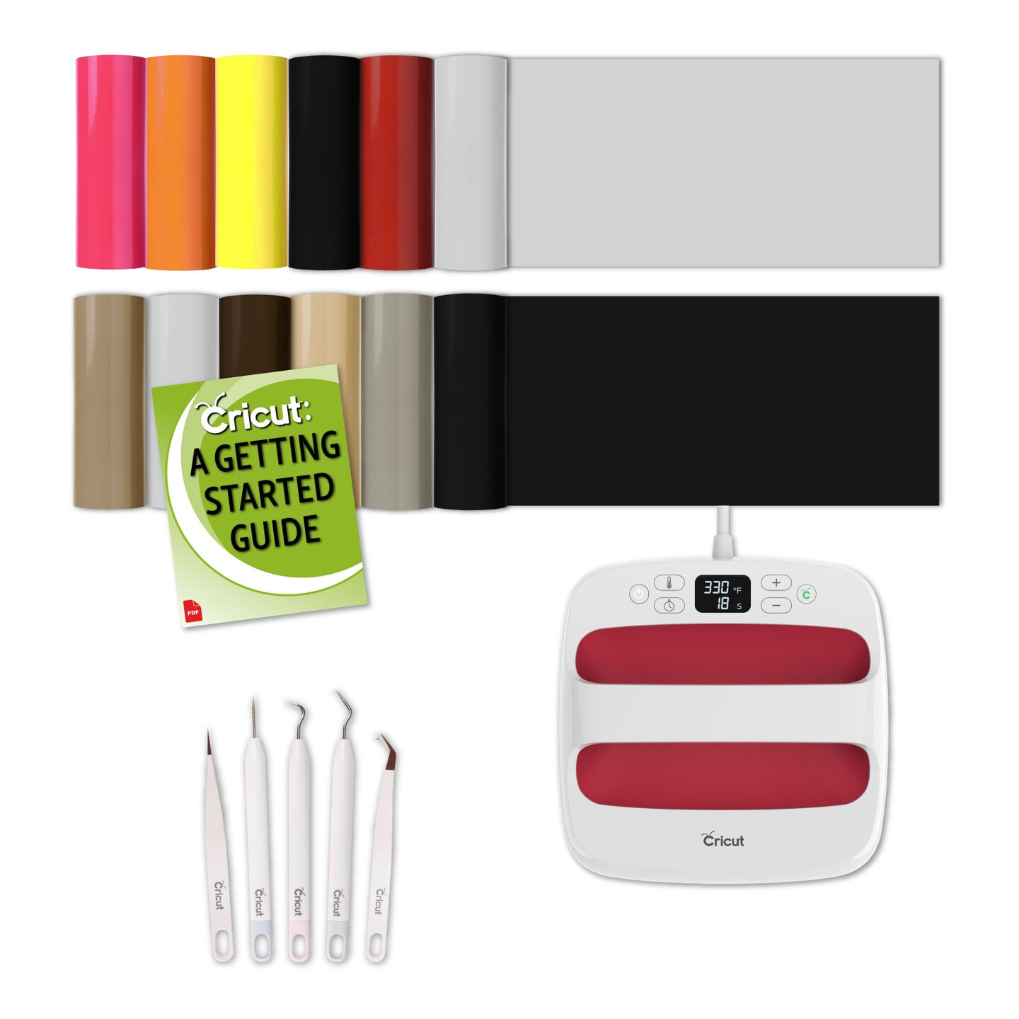 Cricut Raspberry EasyPress 2 Bundle: 9x9 Machine, Everyday Iron-On, and Essential Weeding Kit