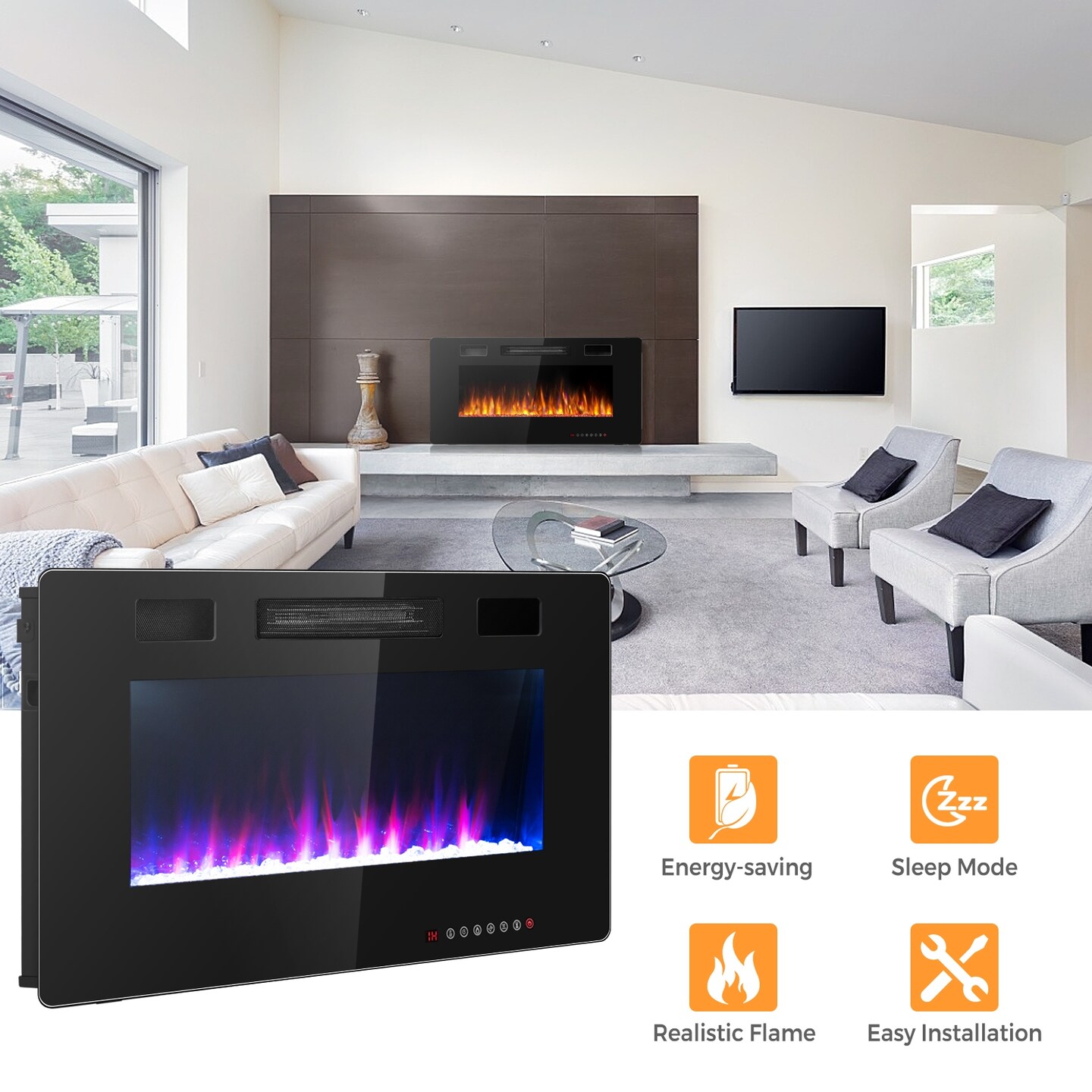 Recessed Ultra Thin Electric Fireplace Heater with Glass Appearance