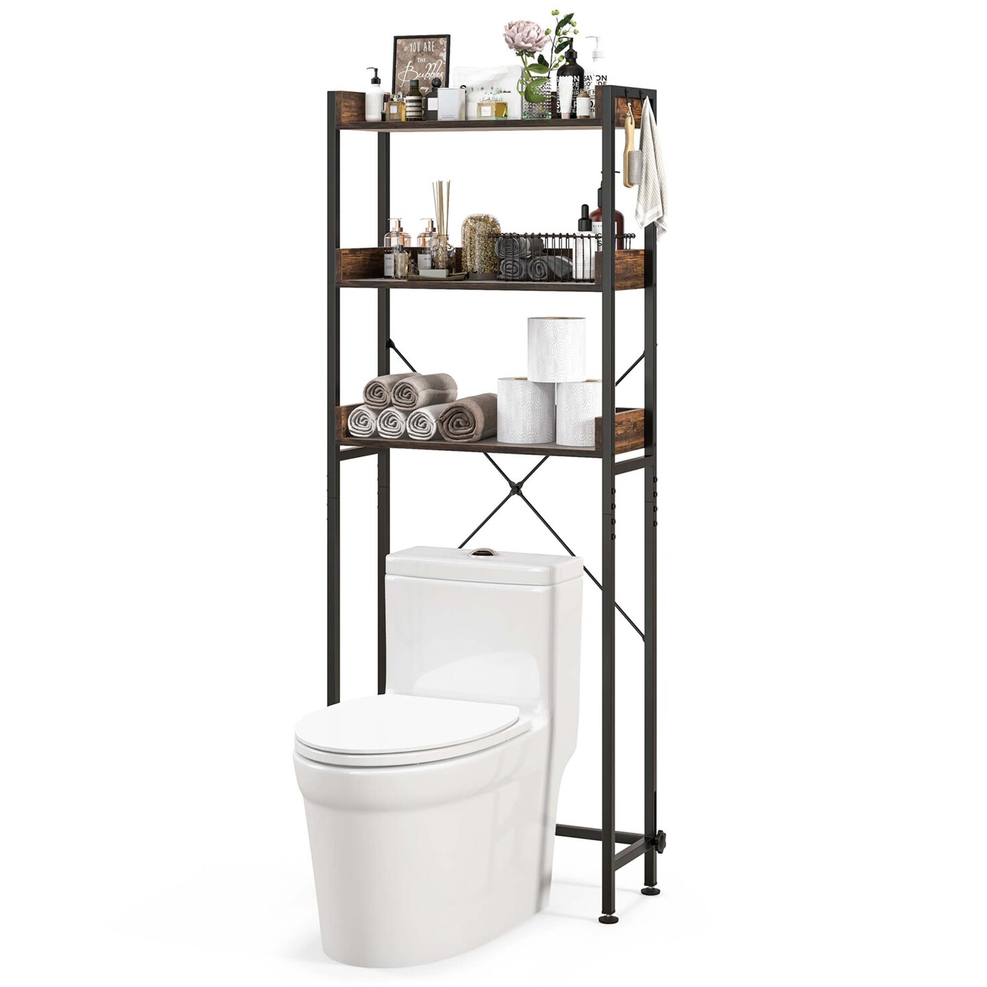 Costway 3-Tier Over-The-Toilet Bathroom Shelf Metal Frame Space Saver Rack with 4 Hooks