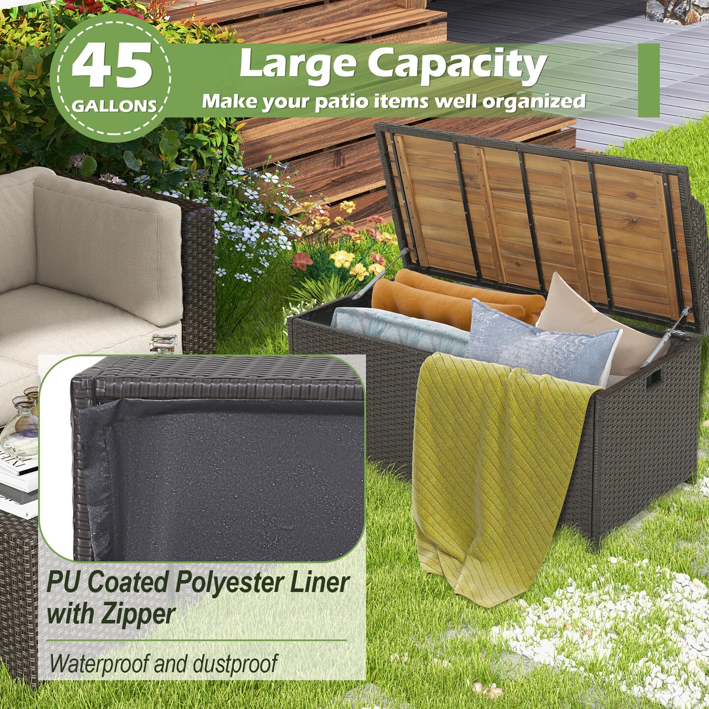 45 Gallon Outdoor Storage Box Bench with Zippered Liner
