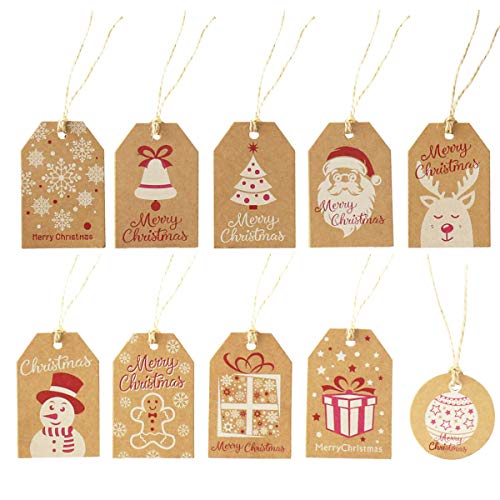 100 Pack Brown Kraft Paper Christmas Gift Tags&#xFF0C; Xmas Brown Kraft Gift Tags with Jute Twine Baker Twine for DIY Xmas Holiday Present Wrap Stamp and Label Package Name Card