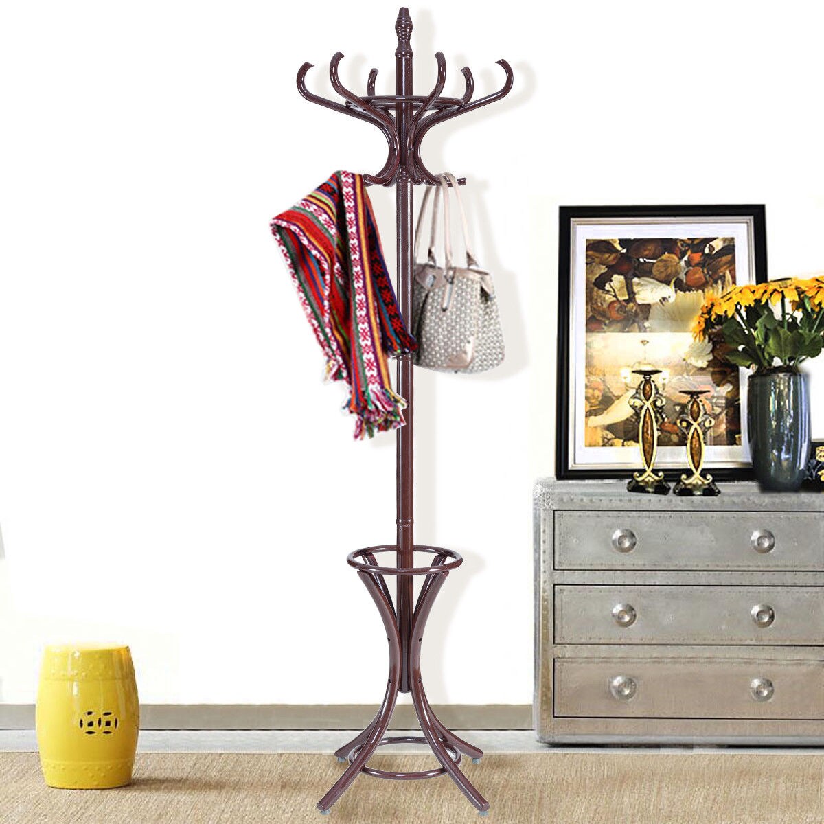 Wooden Freestanding Hat Coat Rack with Umbrella Stand Perfect for Any Room