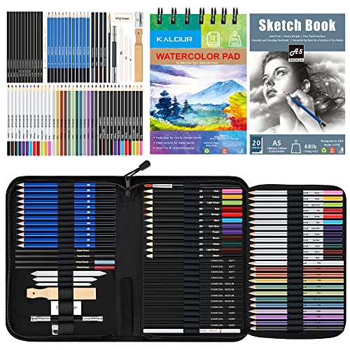 KALOUR 76 Drawing Sketching Kit Set - Pro Art Supplies with Sketchbook & Watercolor Paper - Include Tutorial,Pastel,Watercolor,Sketch,Colored,Metallic