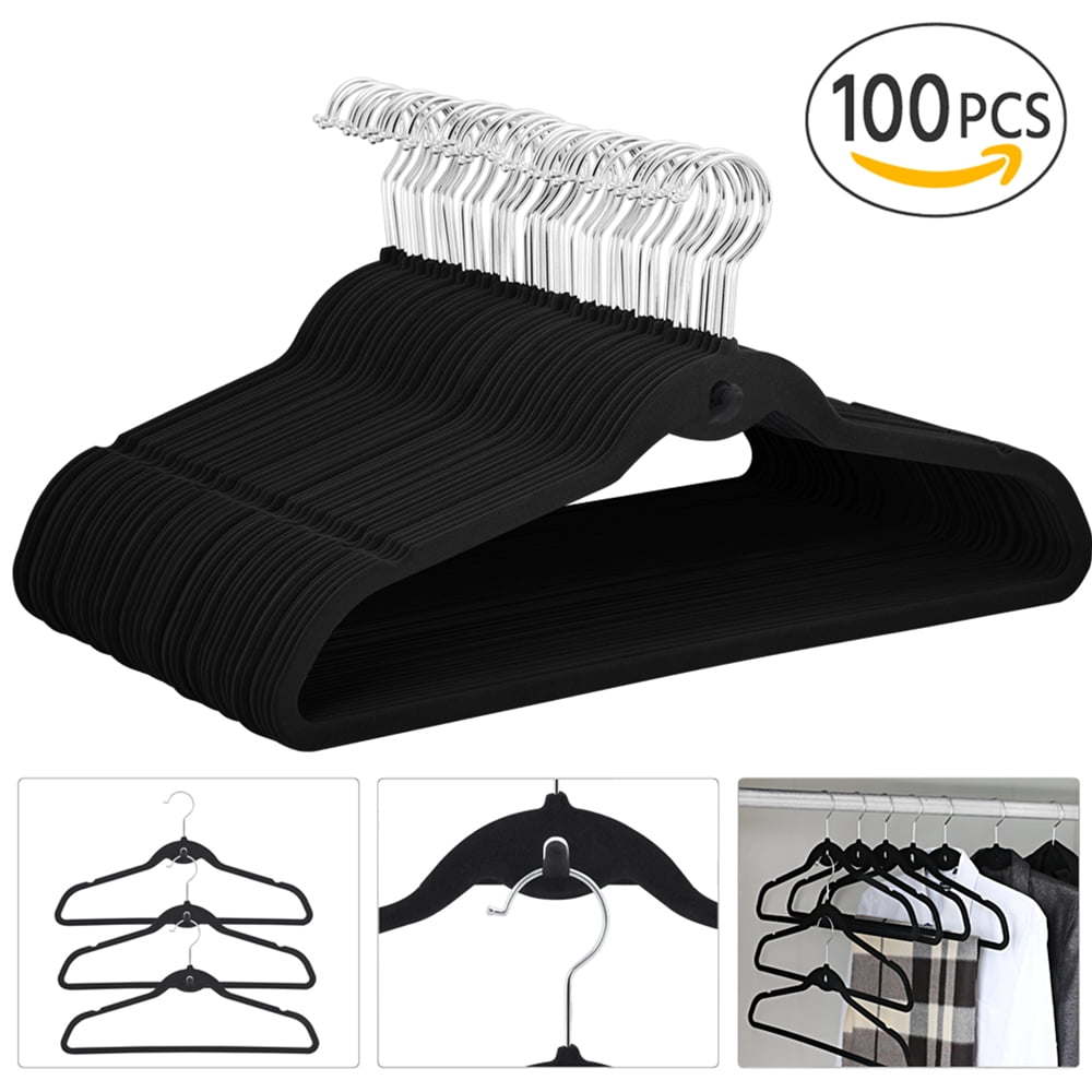 Non Slip Velvet Clothing Hangers, 100 Pack, Black