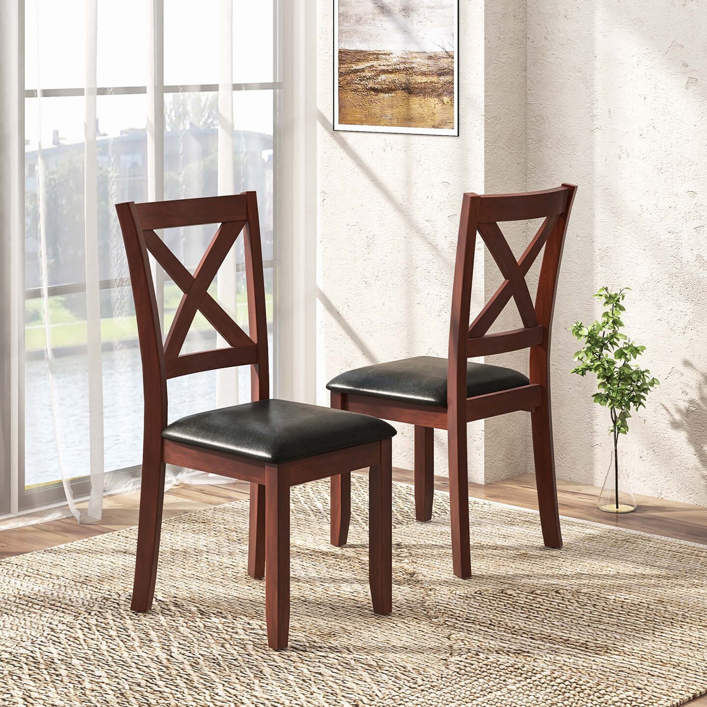 Costway Wooden Dining Chairs Set of 2 Kitchen Side Chair with Padded Seat Rubber Wood Legs