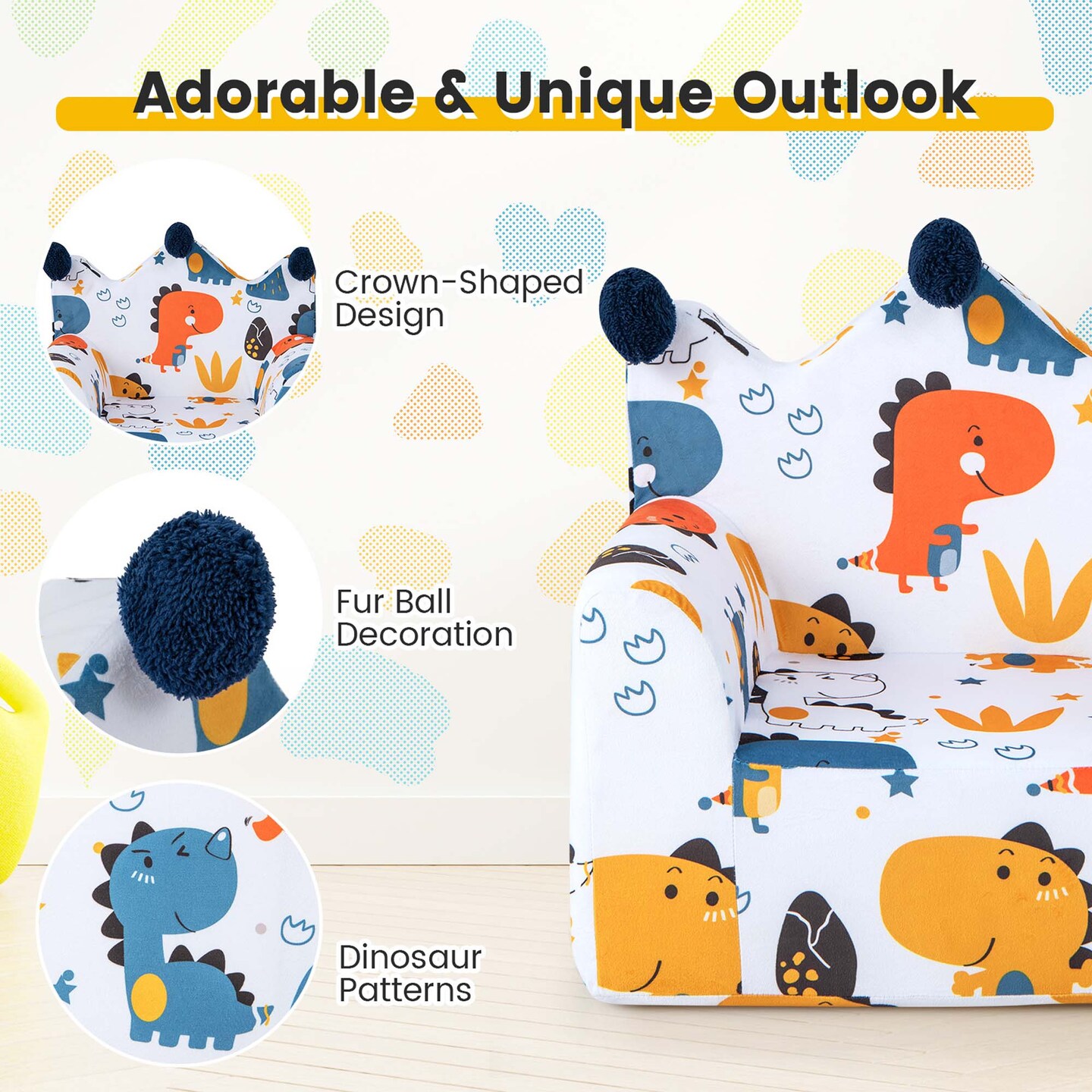 Costway Kids Sofa Chair Foam Filled Armchair Dinosaur Toddler Couch with Cover &#x26; Pillow