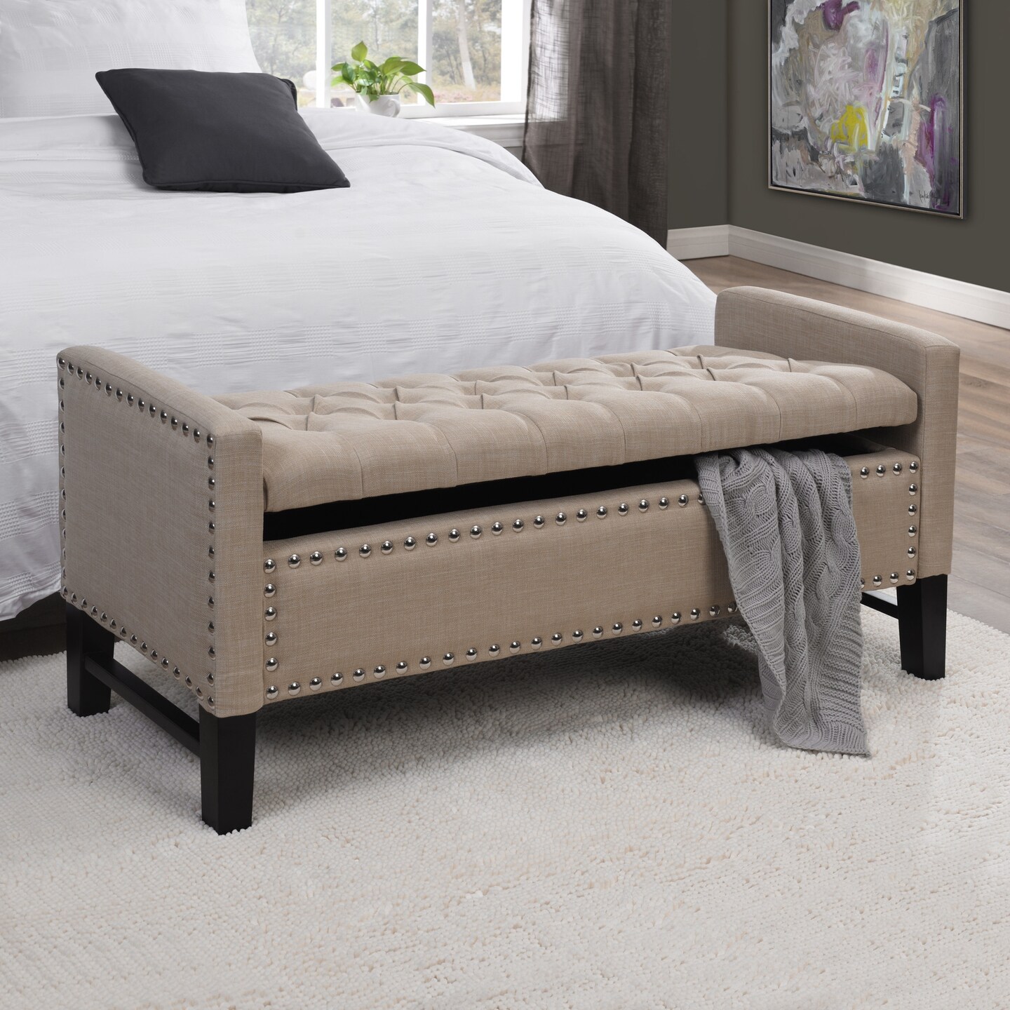 Emmaline PU Leather/Linen/Velvet Button Tufted Nailhead Trim Storage Bench