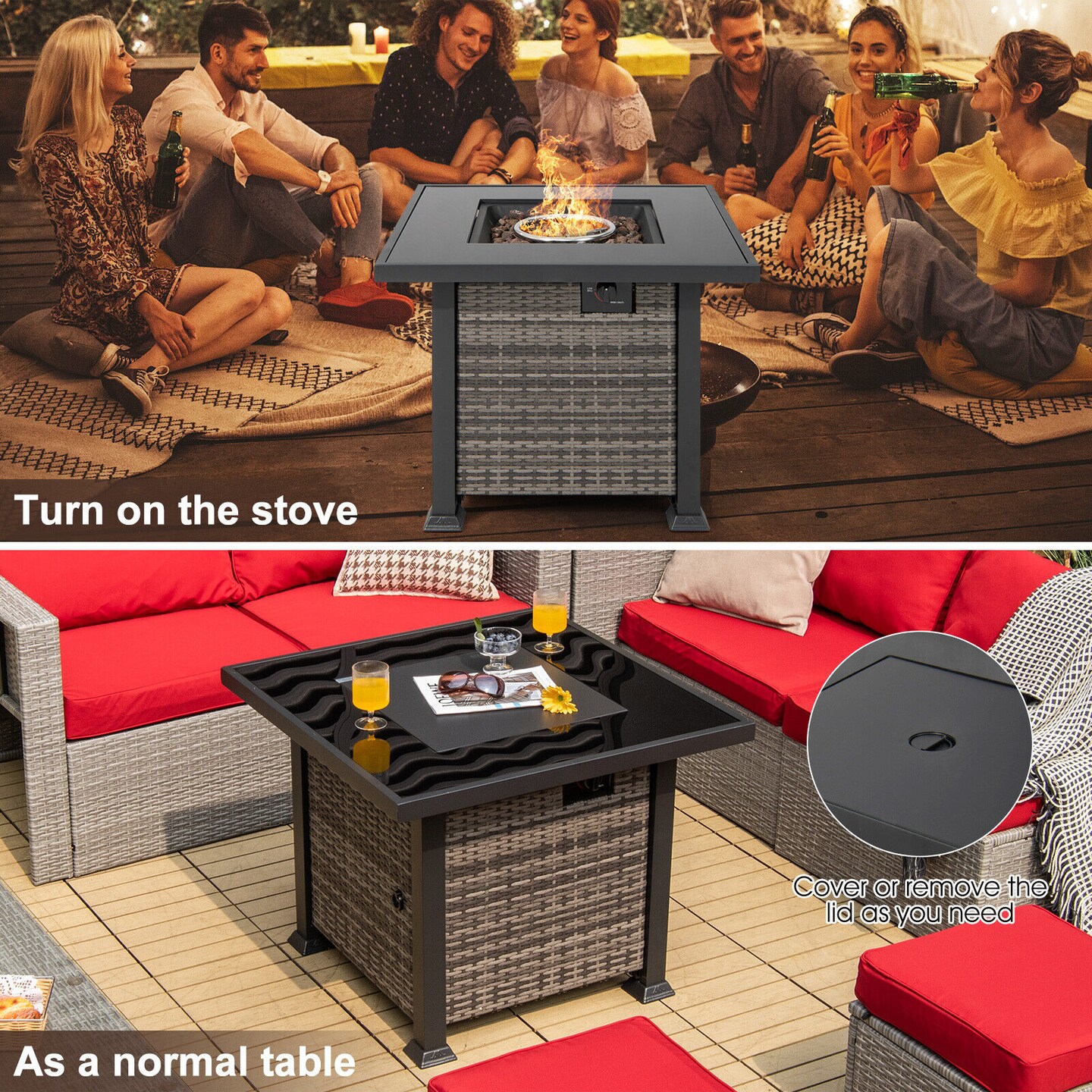 32 Inch Square Propane Fire Pit Table with Lava Rocks Cover