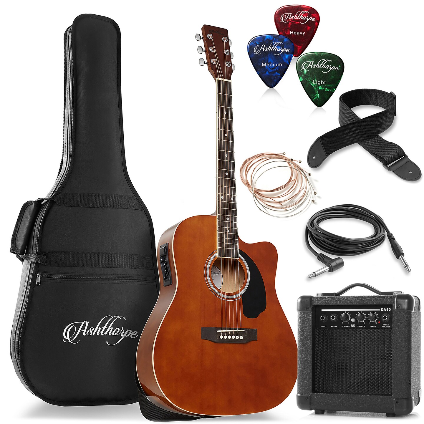 Ashthorpe Full-Size Dreadnought Cutaway Acoustic Electric Guitar Package with 10 Watt Amp