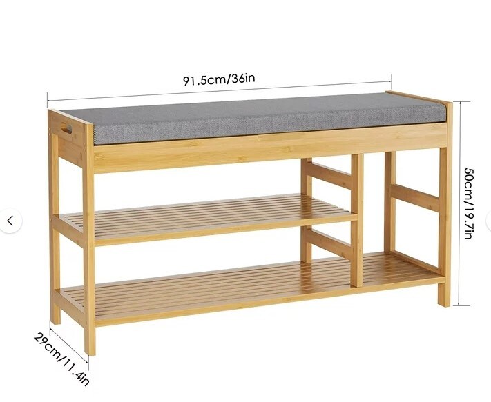 Bamboo Shoe Bench, Natural (up to 7 Shoes), 2 Tiers Shoe Rack with Storage and Padded Seat for Entryway, Bathroom