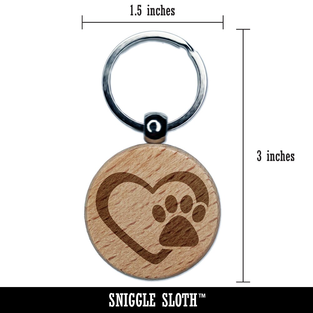 Heart with Paw Print Engraved Wood Round Keychain Tag Charm