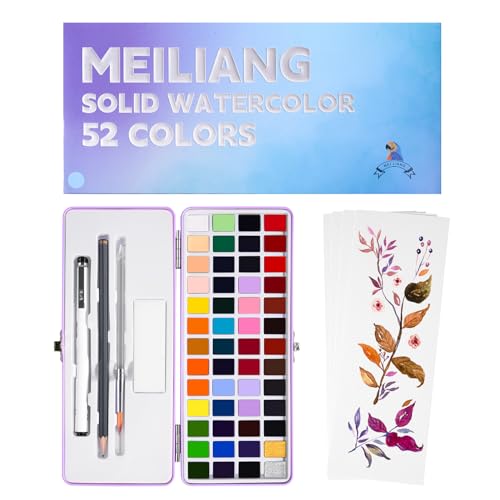  MeiLiang 52 Watercolor Paint Set, Travel Watercolors Set with  Drawing Pencil, Paint Brushes, 5 Watercolor Paper, Sponge & Black Drawing  Pens, Water Colors Paint for Adults, Art Supplies, Blue Case