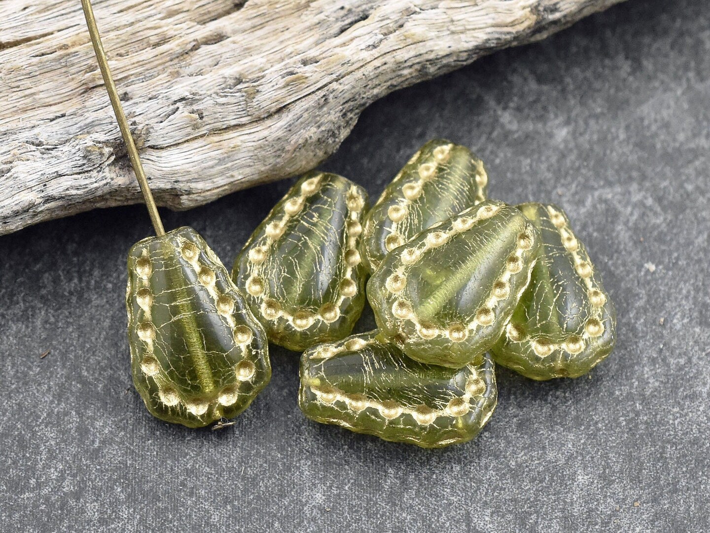 *6* 17x12mm Gold Washed Olivine Lacy Teardrop Beads