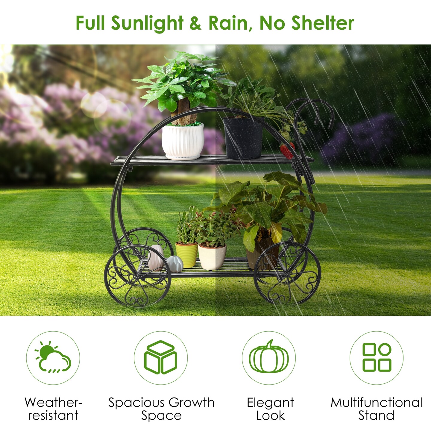 Black Heavy Duty Metal Flower Cart Plant Stand for Indoor-Outdoor Use